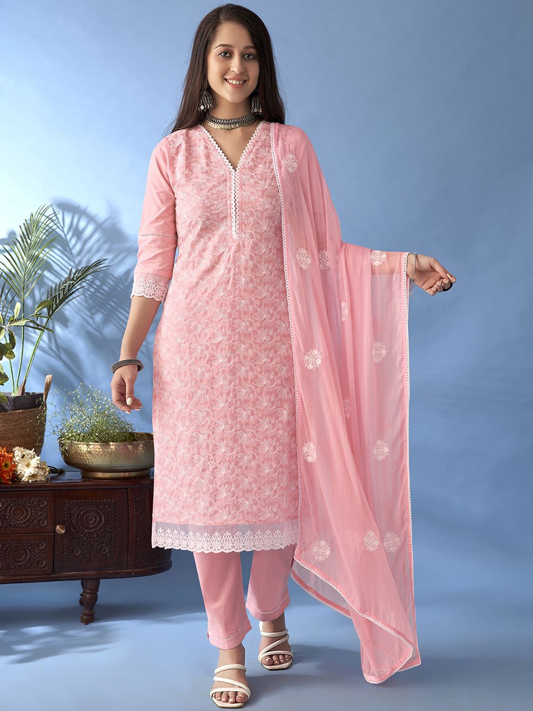 

Anouk Floral Embroidered Thread Work Pure Cotton Straight Kurta With Trousers& Dupatta, Pink