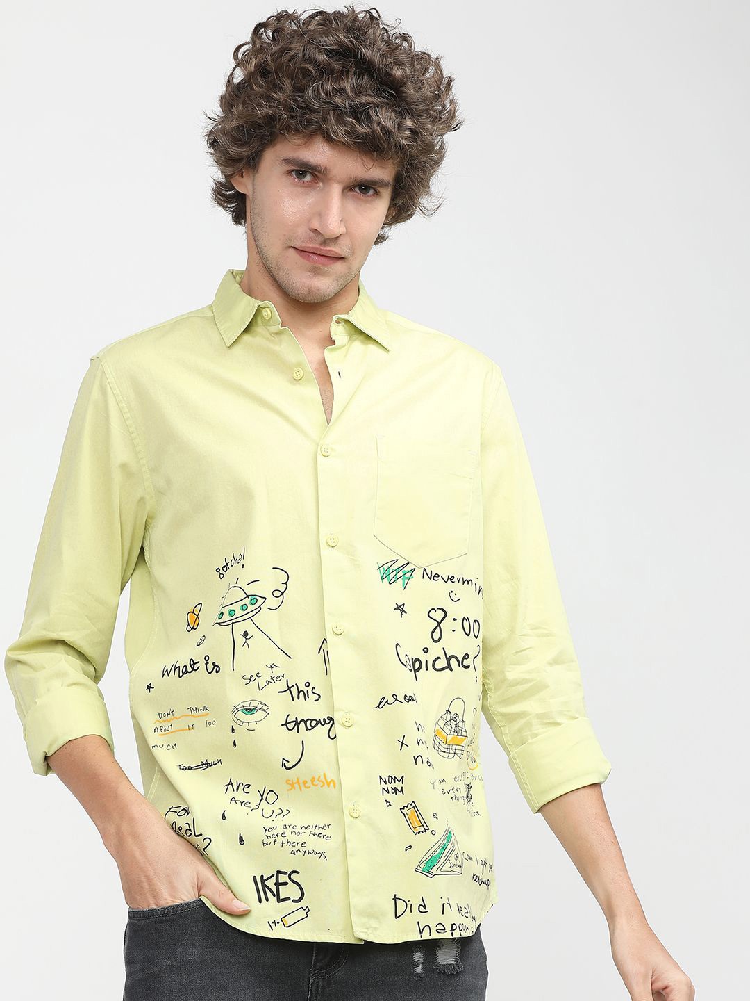 

HIGHLANDER Men Slim Fit Opaque Printed Casual Shirt, Lime green