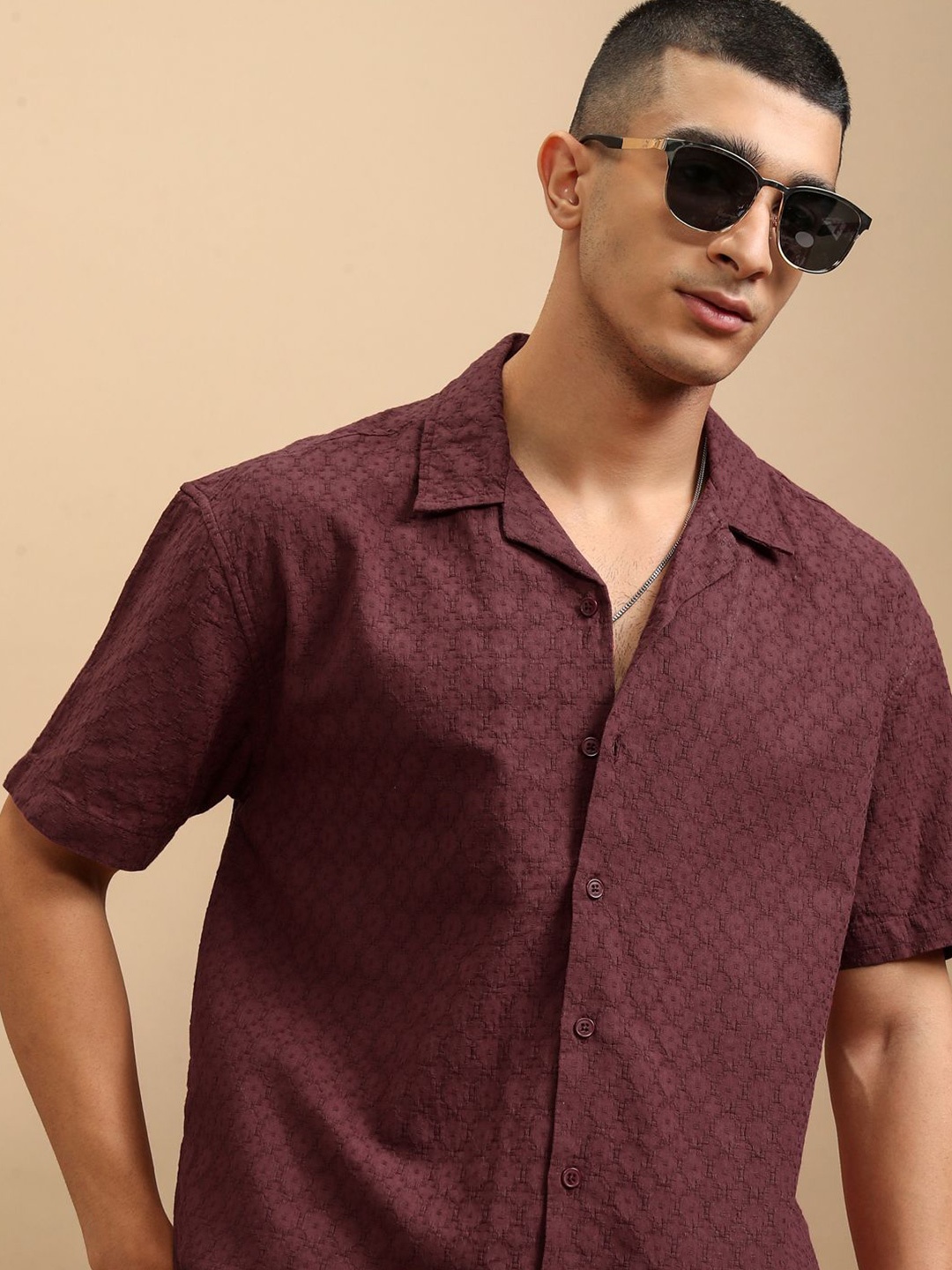 

Highlander Men Dobby Textured Solid Cuban Collar Relaxed Shirt, Maroon
