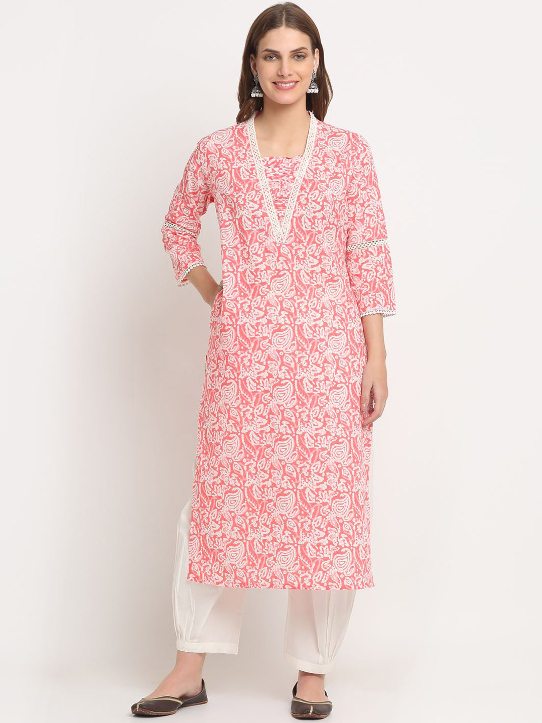 

KALINI Floral Printed Thread Work Square Neck Cotton Straight Kurta, Pink