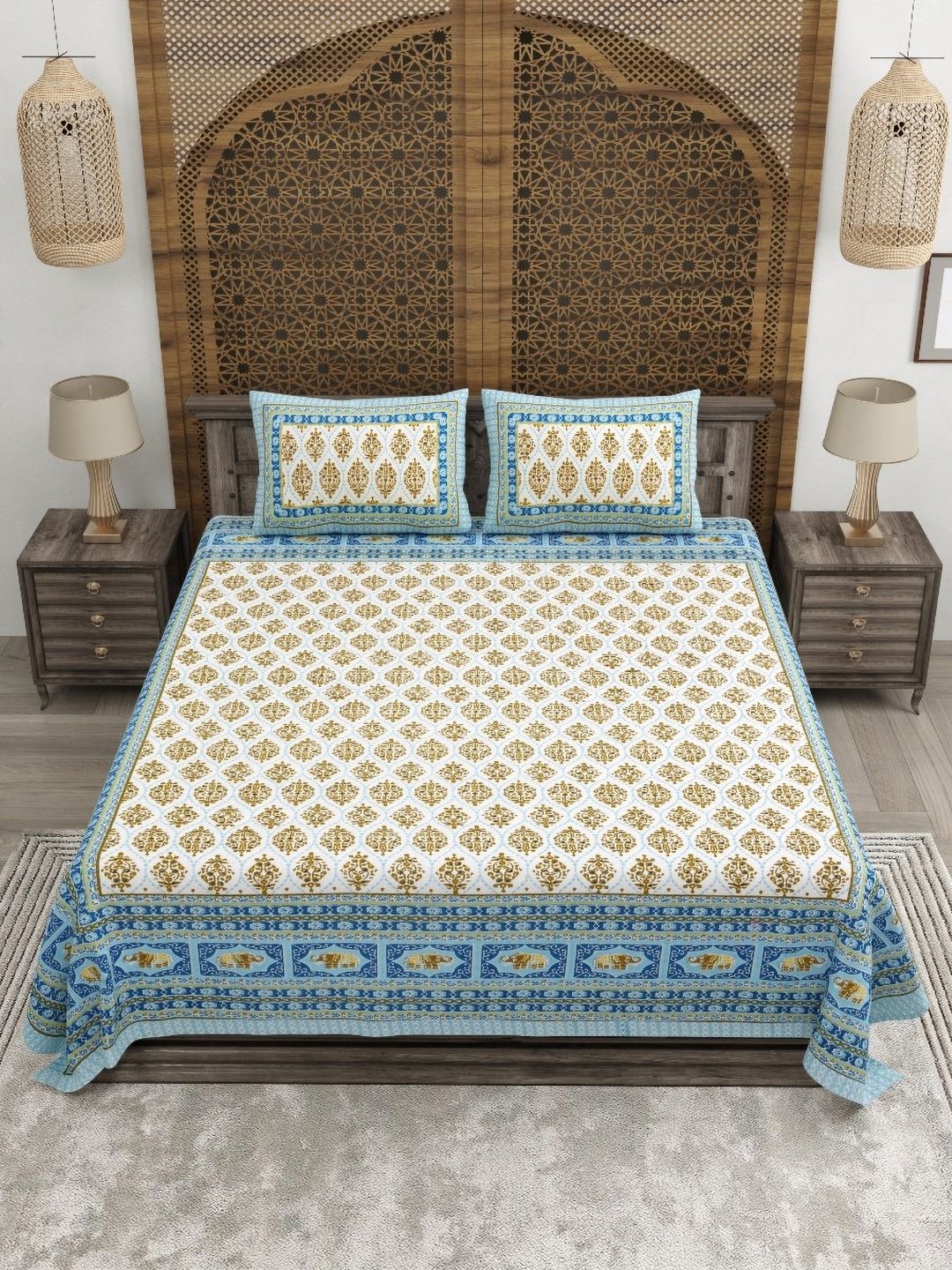 

CLOTHOLOGY Blue & White Ethnic Motifs 180 TC Cotton King Bedsheet with 2 Pillow Covers