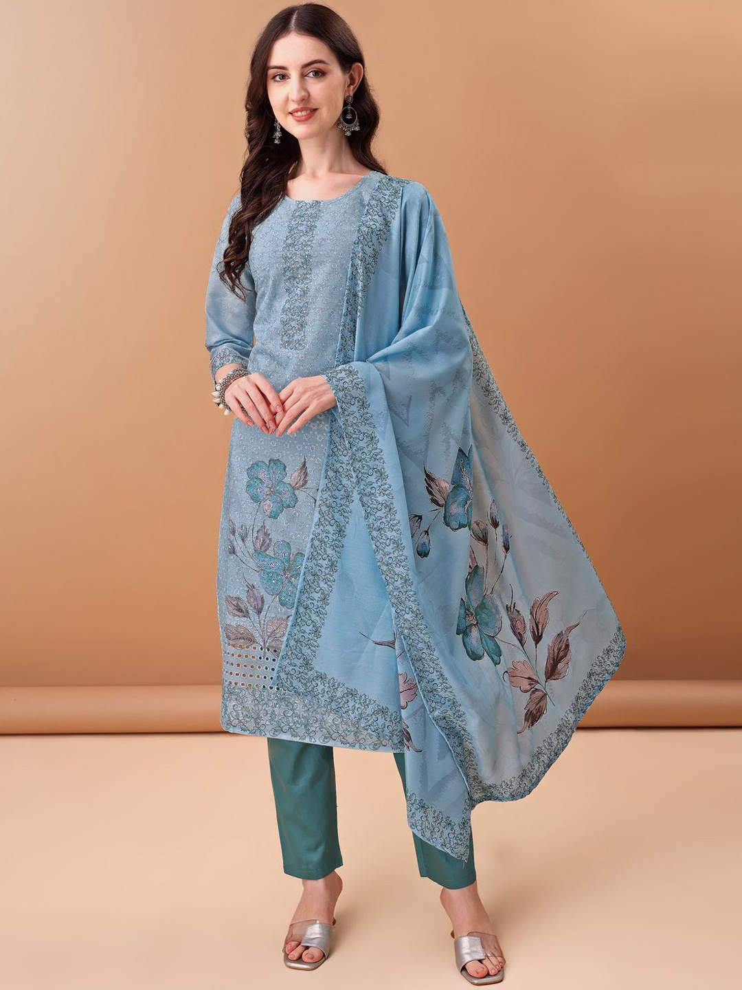 

KALINI Women Floral Printed Regular Beads and Stones Kurta with Trousers & With Dupatta, Blue