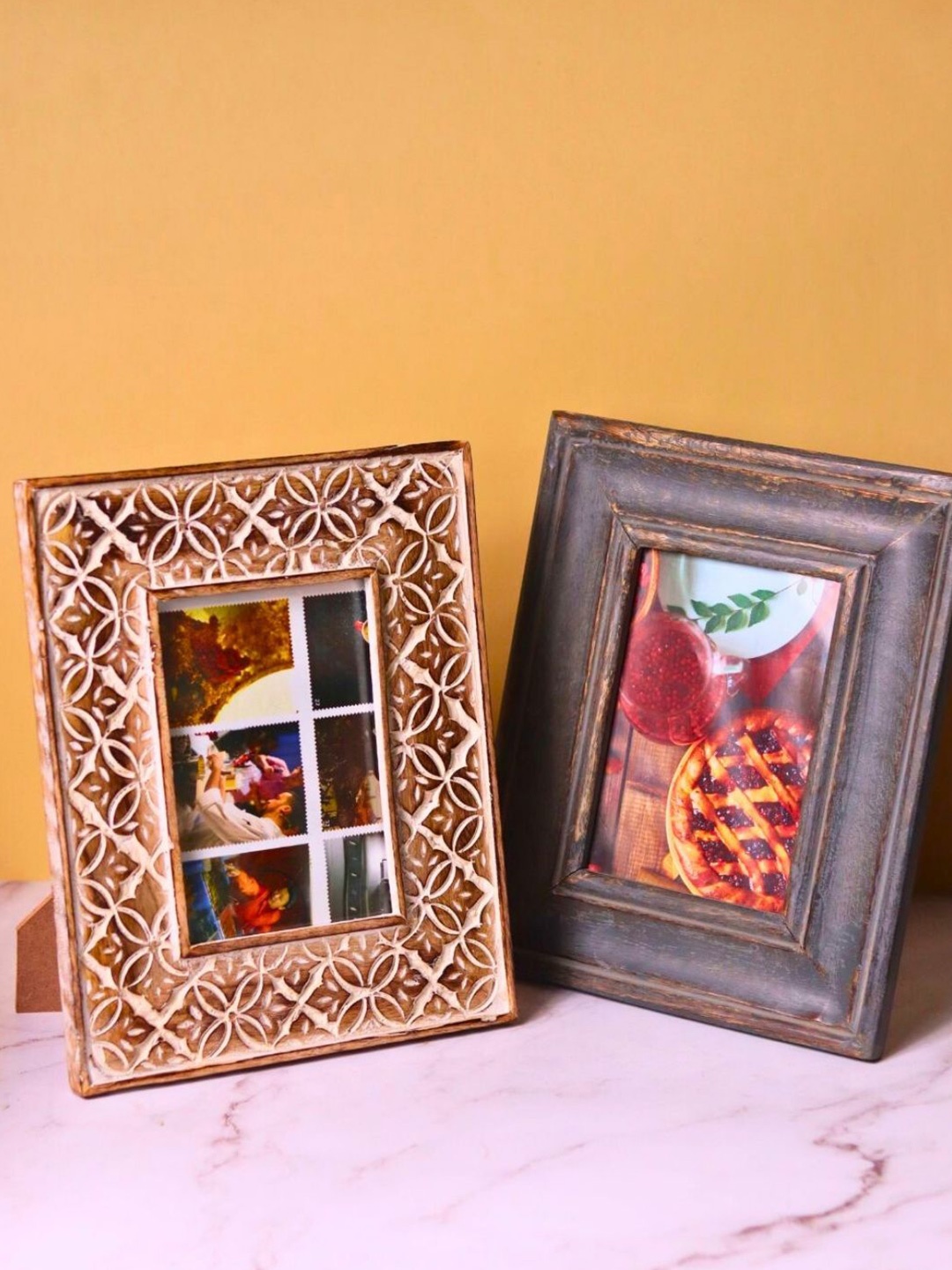 

WEAVING HOMES Brown & White 2 Pieces Self Design Wooden Table Photo Frames