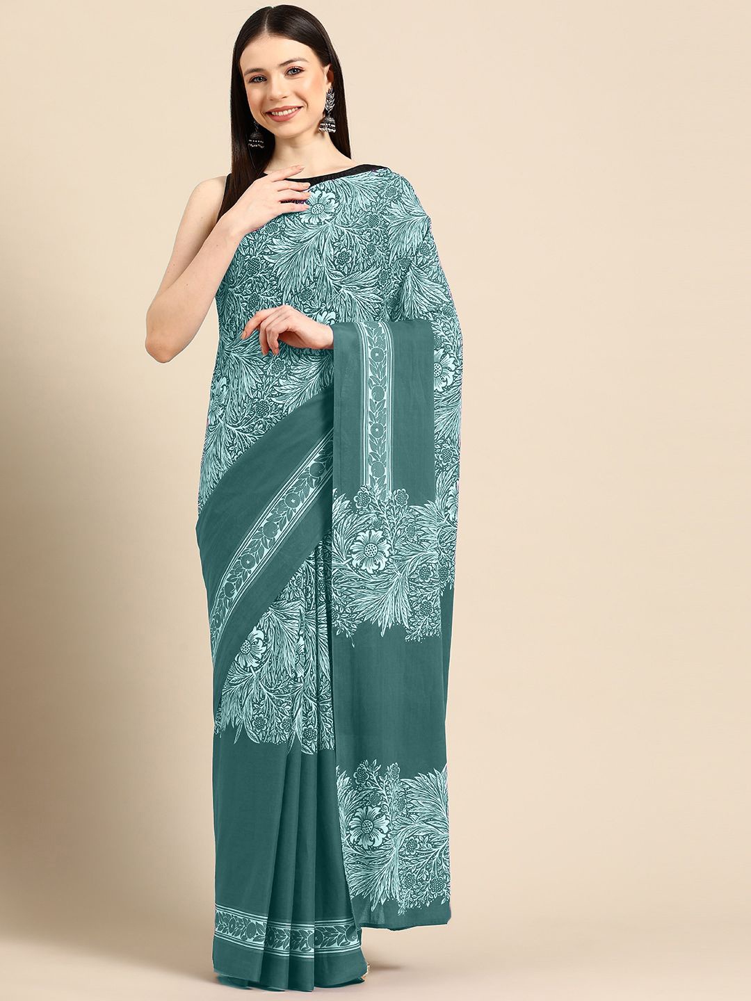 

BUTA BUTI Floral Pure Cotton Saree, Sea green