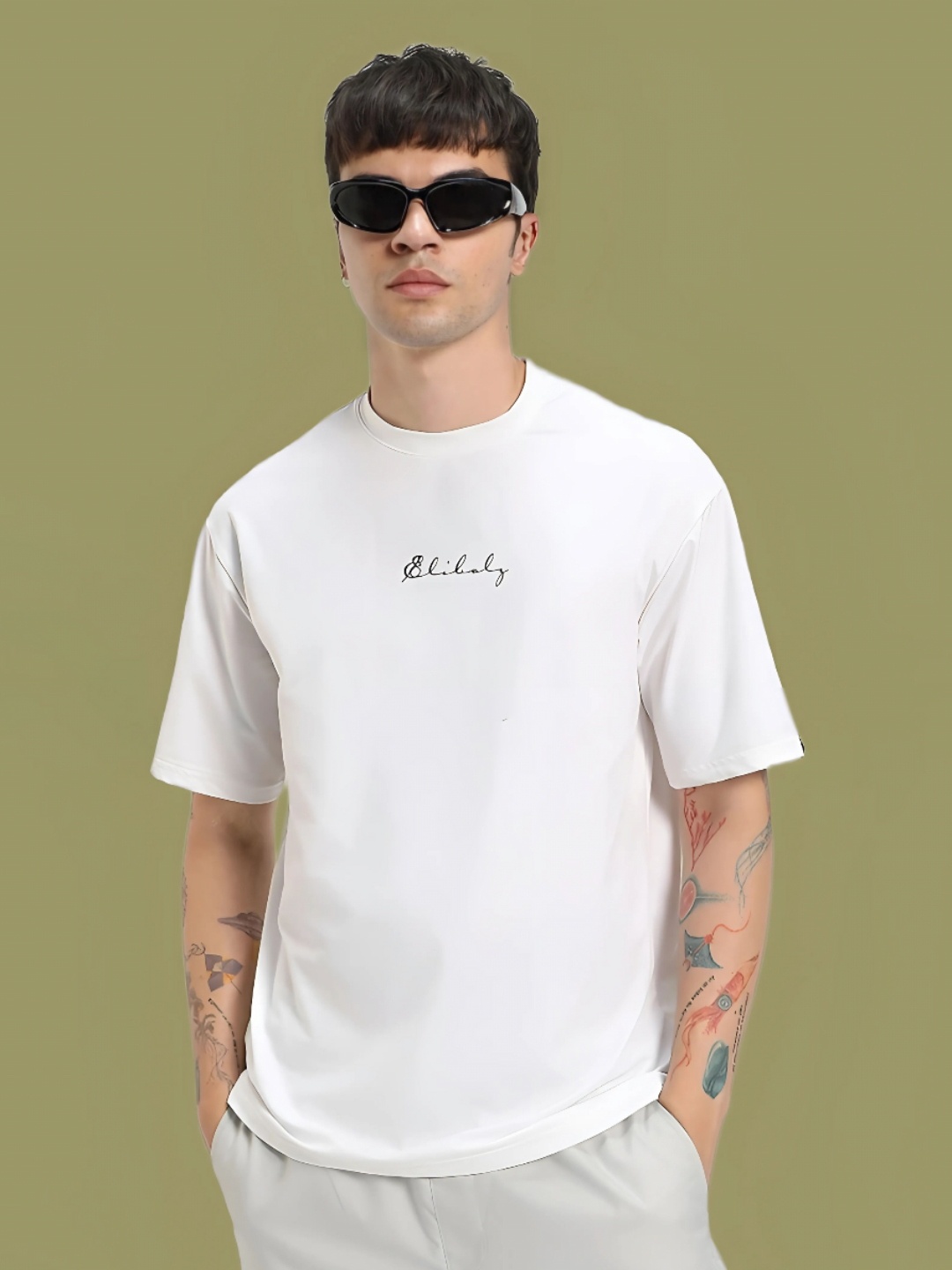 

Elibolz Men Graphic Printed Round Neck Cotton Oversized T-Shirt, White