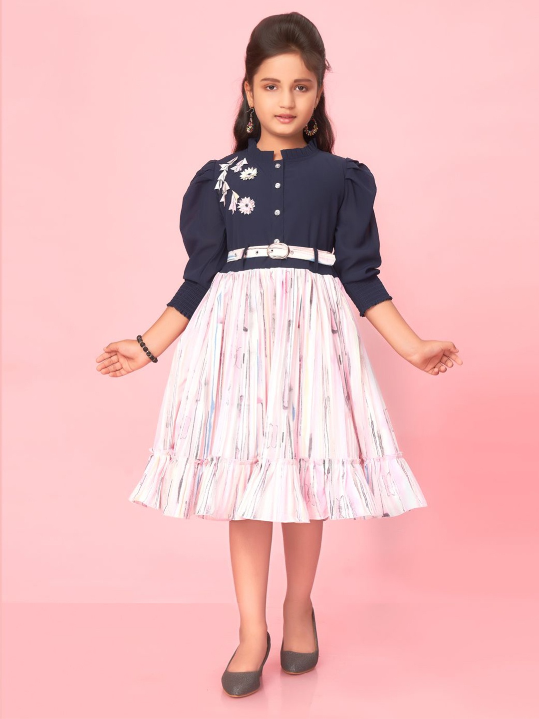 

BAESD Girls Striped Printed Georgette Fit & Flare Midi Dress Comes with a belt, Pink