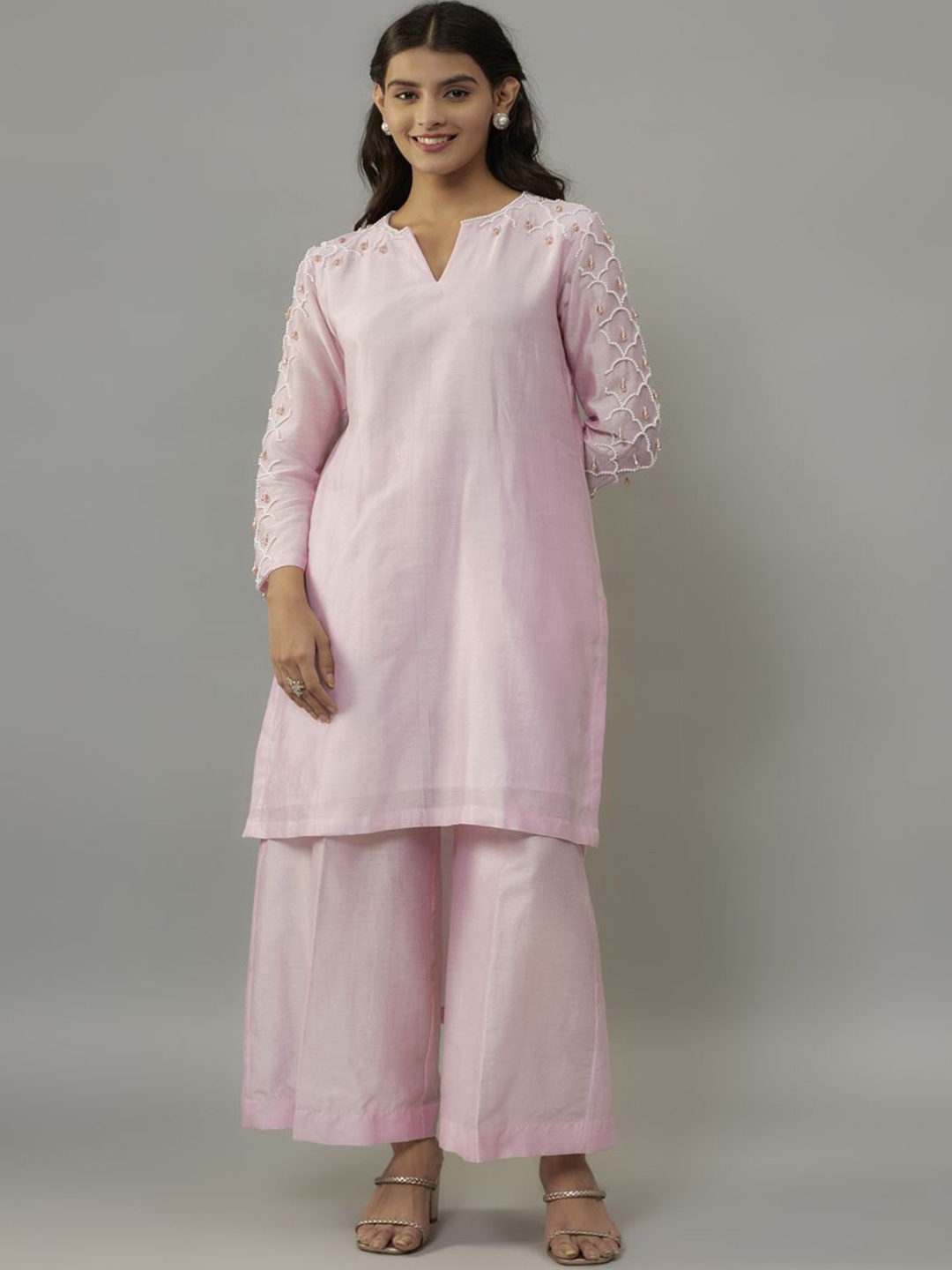 

The Aarya Beads and Stones Straight Kurta With Palazzos, Pink