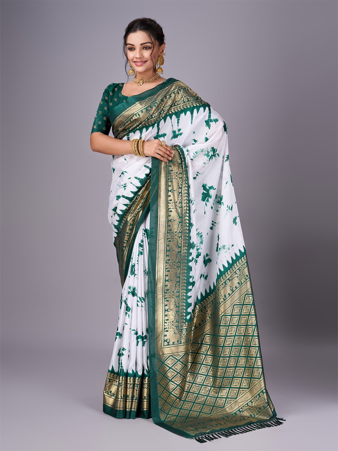 

Sitanjali Tie and Dye Zari Art Silk Chanderi Saree, Green