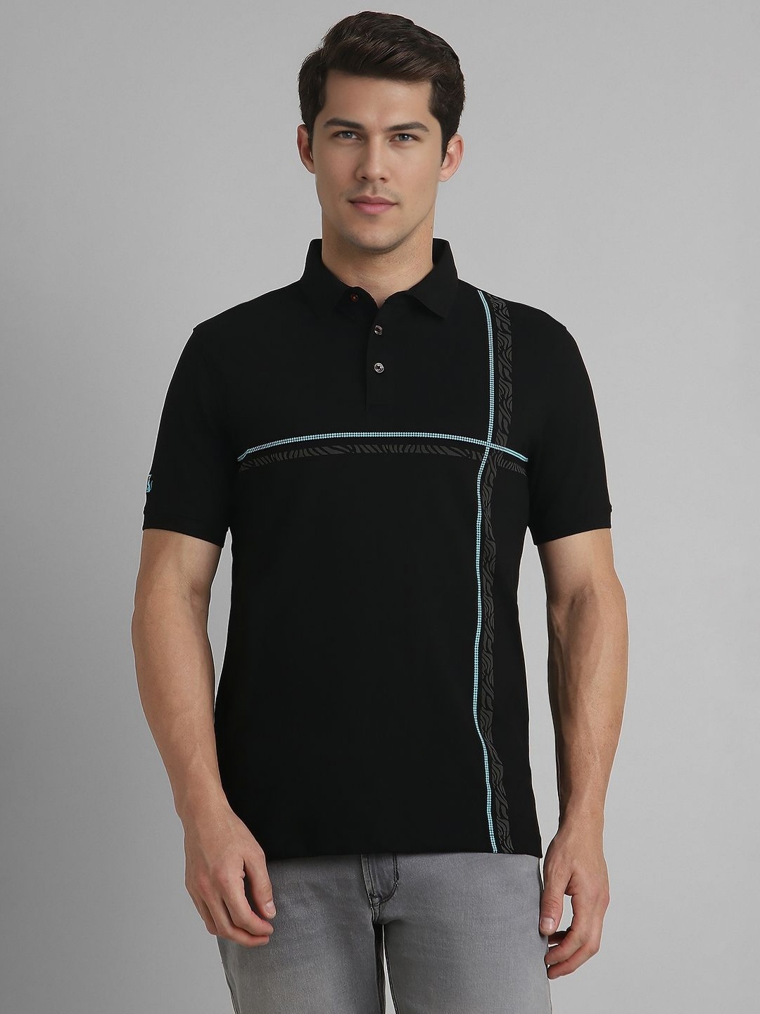 

SIMON CARTER LONDON Men Striped Polo Collar Cotton Slim Fit T-Shirt, Black