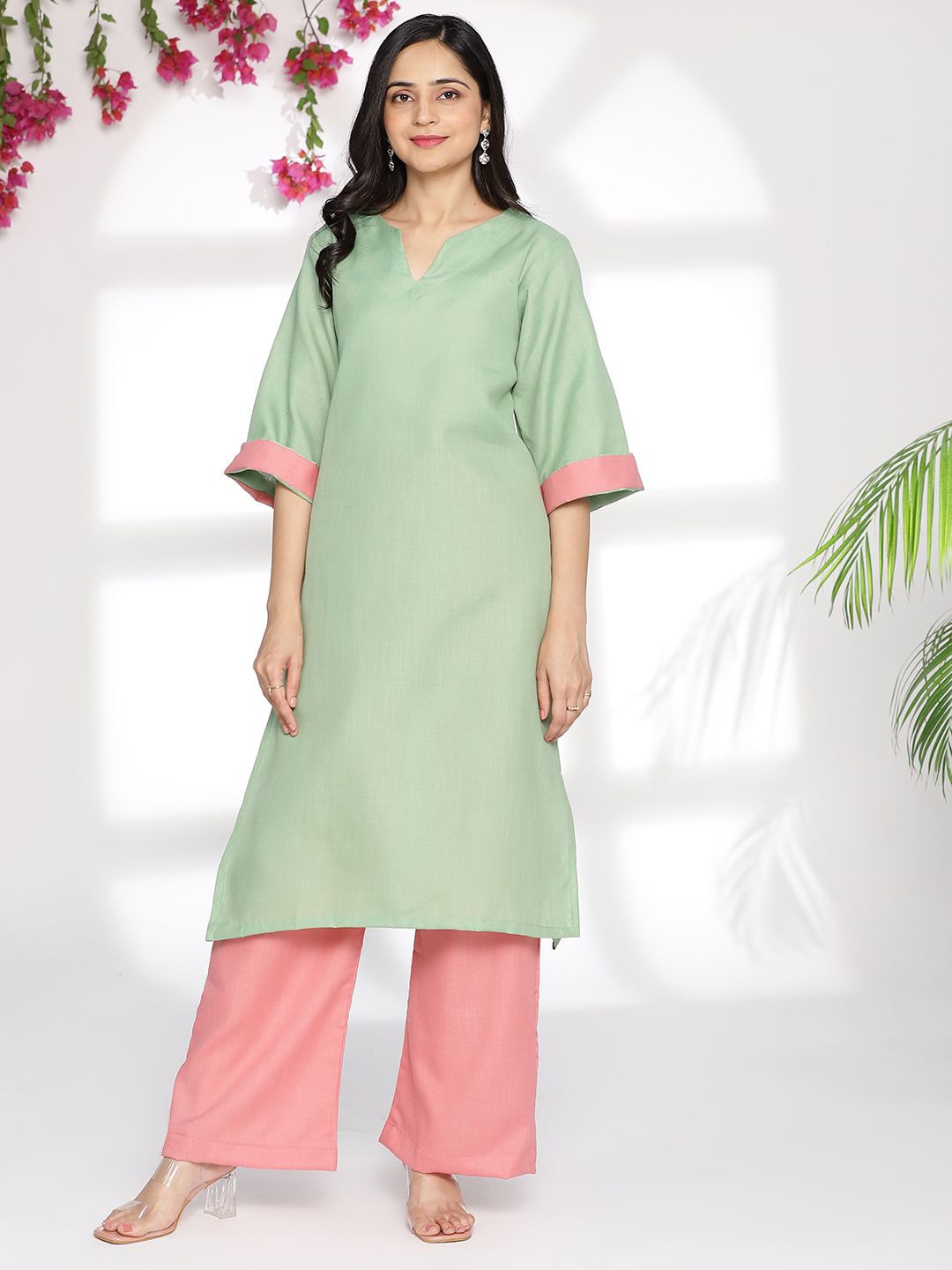 

LetsDressUp Notched Neck Cotton Straight Kurta, Green