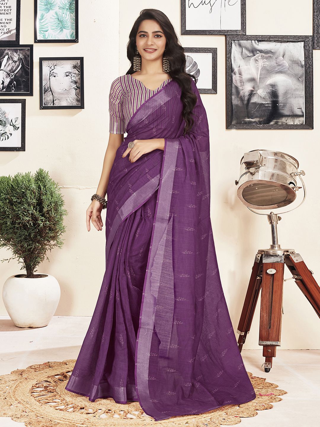 

Satrani Ethnic Motifs Pure Cotton Ready to Wear Saree, Purple