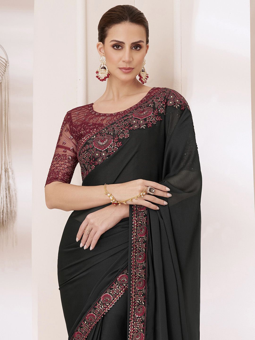 

Mitera Sequinned Pure Chiffon Saree, Black