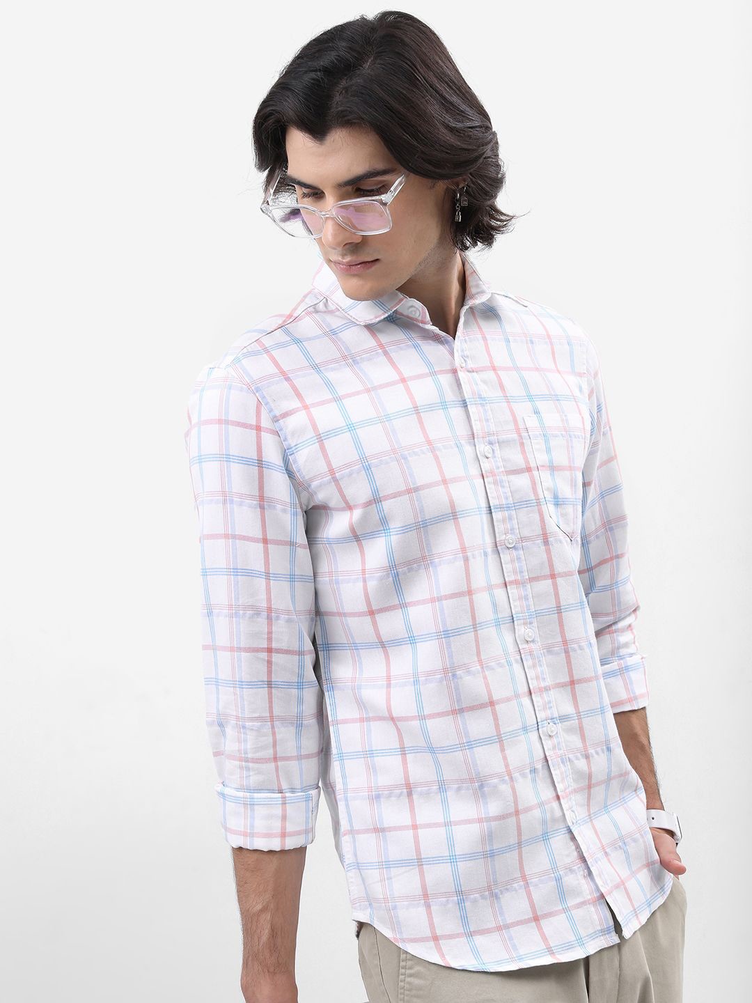 

HIGHLANDER Men Slim Fit Tartan Checks Opaque Checked Casual Shirt, White