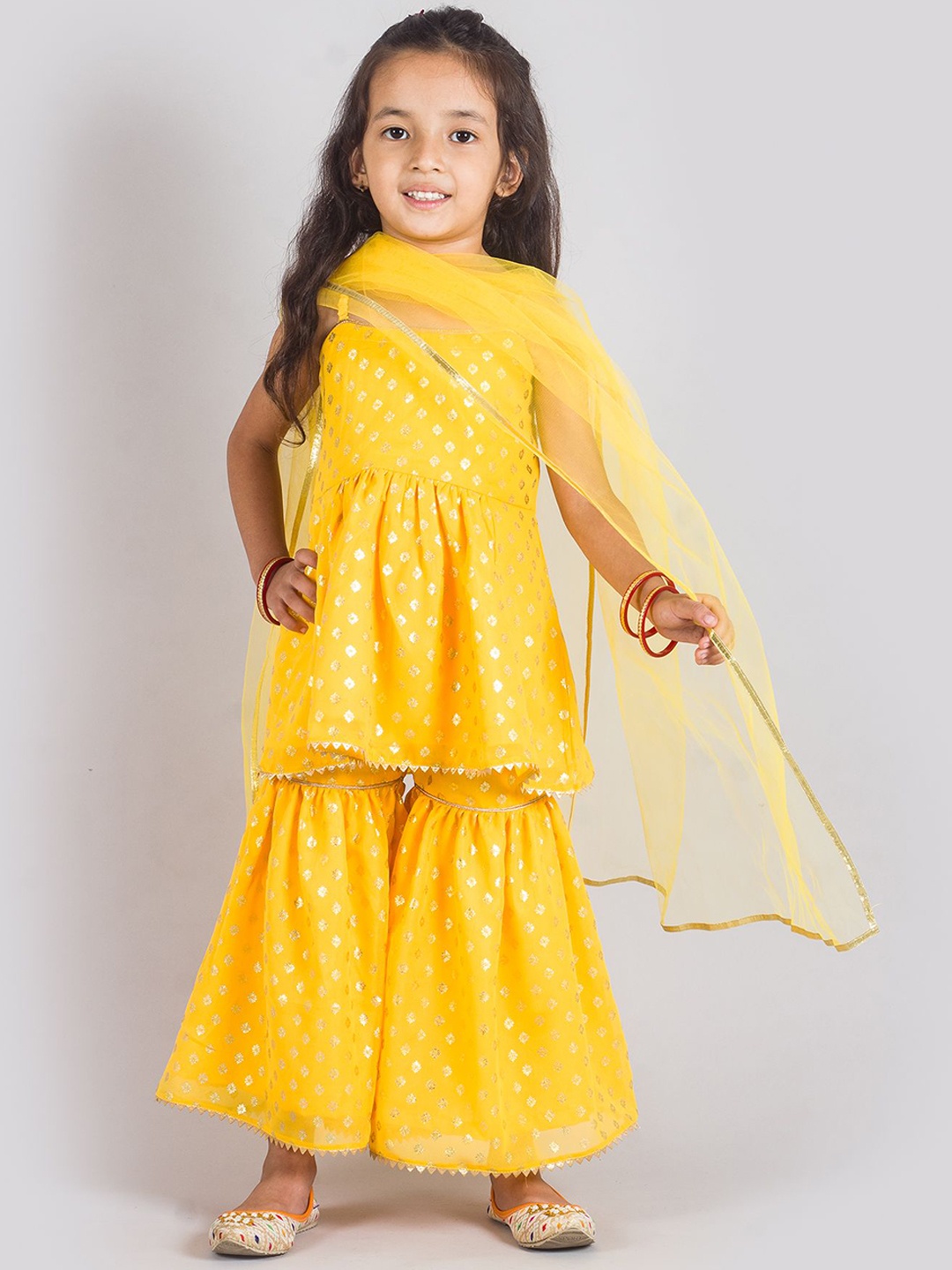 

Tangerine Closet Girls Printed Shoulder Straps Peplum Top With Sharara & Dupatta, Yellow