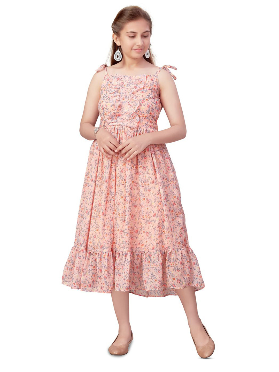 

BAESD Girls Floral Printed Georgette Fit & Flare Midi Dress, Peach