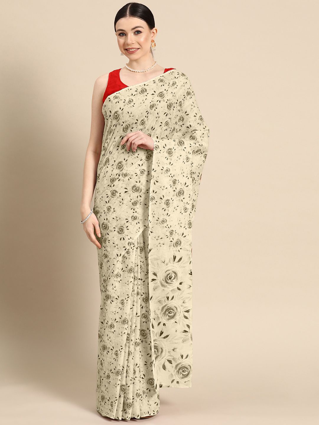 

BUTA BUTI Floral Pure Cotton Saree, Coffee brown