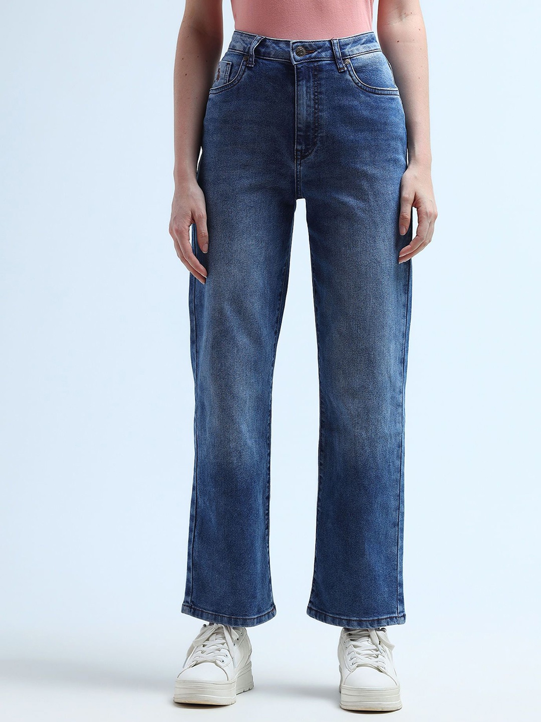 

U.S. Polo Assn. Women Wide Leg High-Rise Heavy Fade Stretchable Jeans, Blue