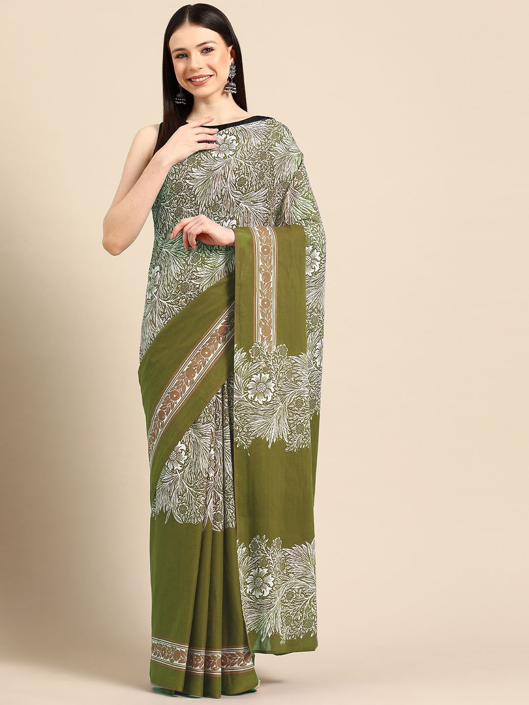 

BUTA BUTI Floral Pure Cotton Saree, Olive
