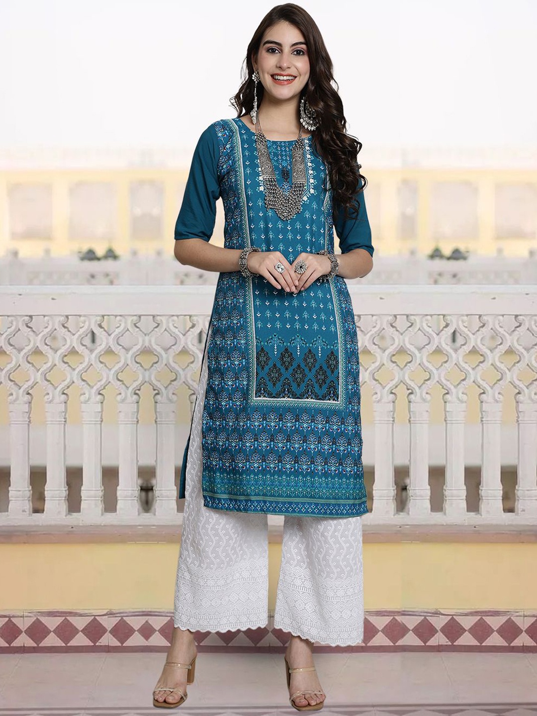 

7Threads Ethnic Motifs Printed Round Neck Straight Kurta, Blue