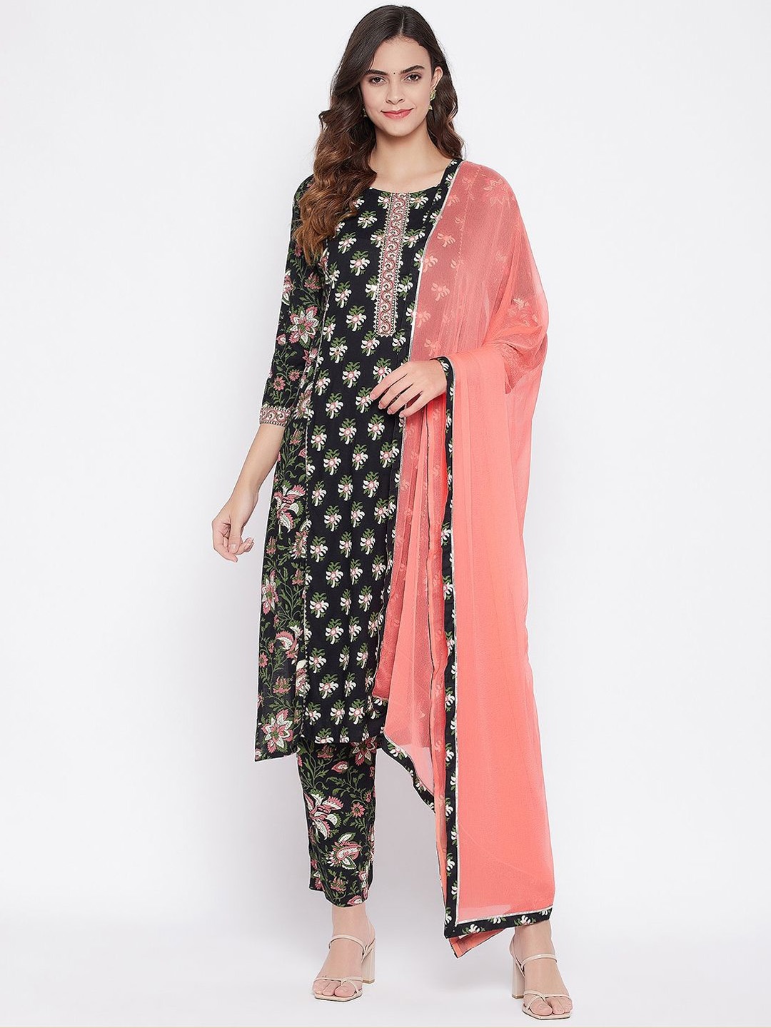 

IndigoFerry Floral Printed Gotta Patti Straight Kurta with Trousers & Dupatta, Black