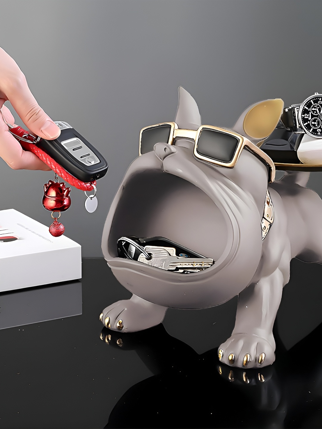 

SkyKey Grey and Gold Toned Bulldog Storage Butler Showpiece