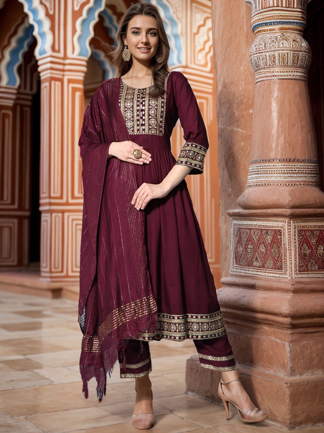 

KALINI Ethnic Motifs Embroidered Zari Anarkali Kurta With Trousers & Dupatta, Brown