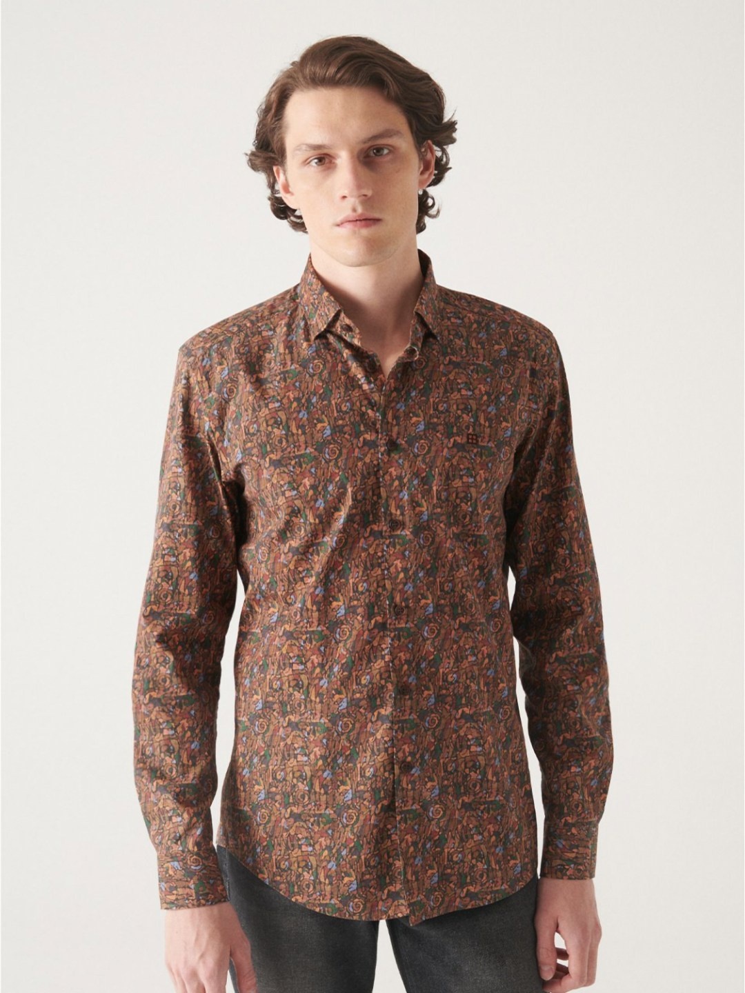 

AVVA Men Floral Printed Polo Collar Raw Edge T-shirt, Na
