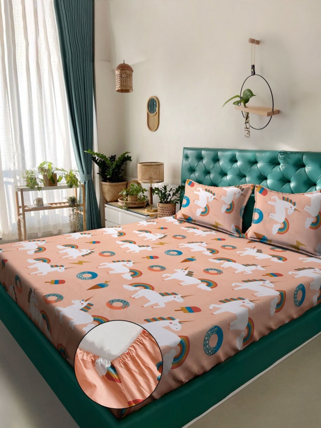 

KLOTTHE Orange Printed 400 TC Pure Cotton Fitted Double King Bedsheet & 2 Pillow Covers