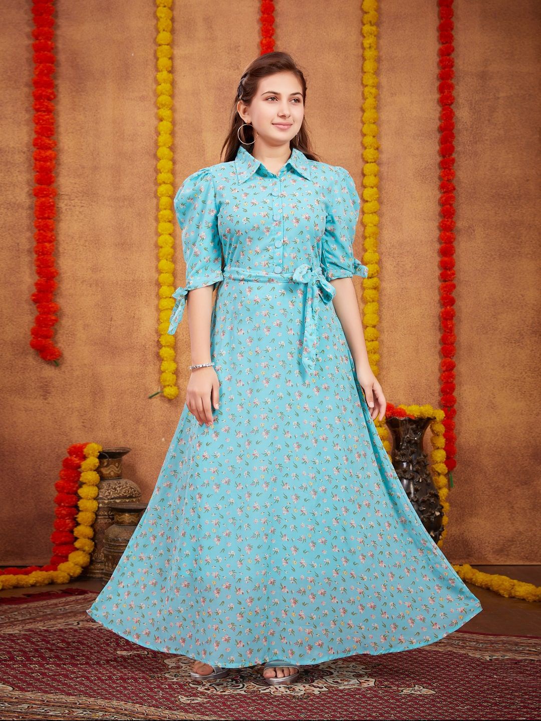 

BAESD Girls Floral Printed Georgette Shirt Maxi Dress With Belt, Turquoise blue