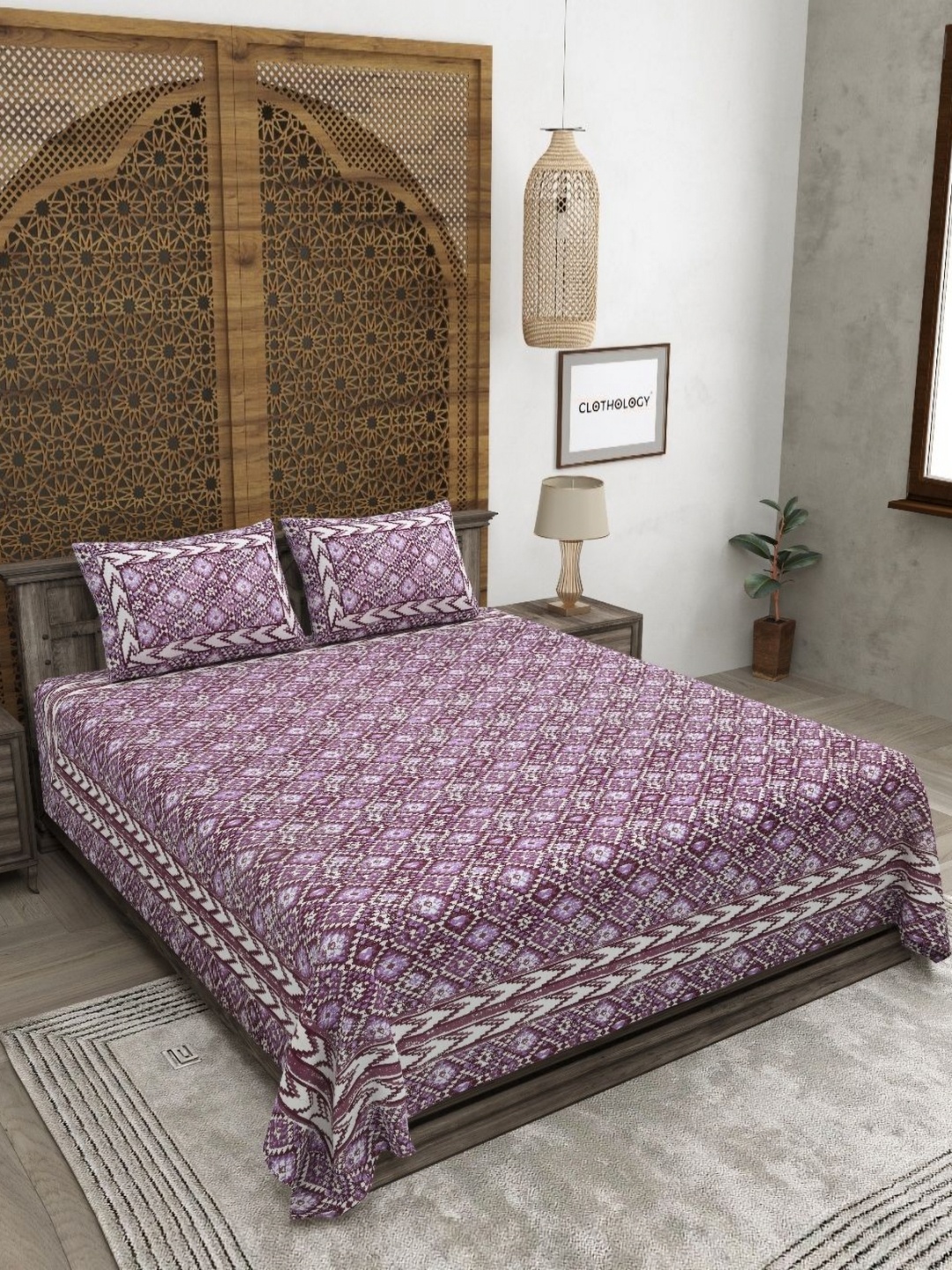 

CLOTHOLOGY Purple & White 180 TC Cotton King Bedsheet with 2 Pillow Covers