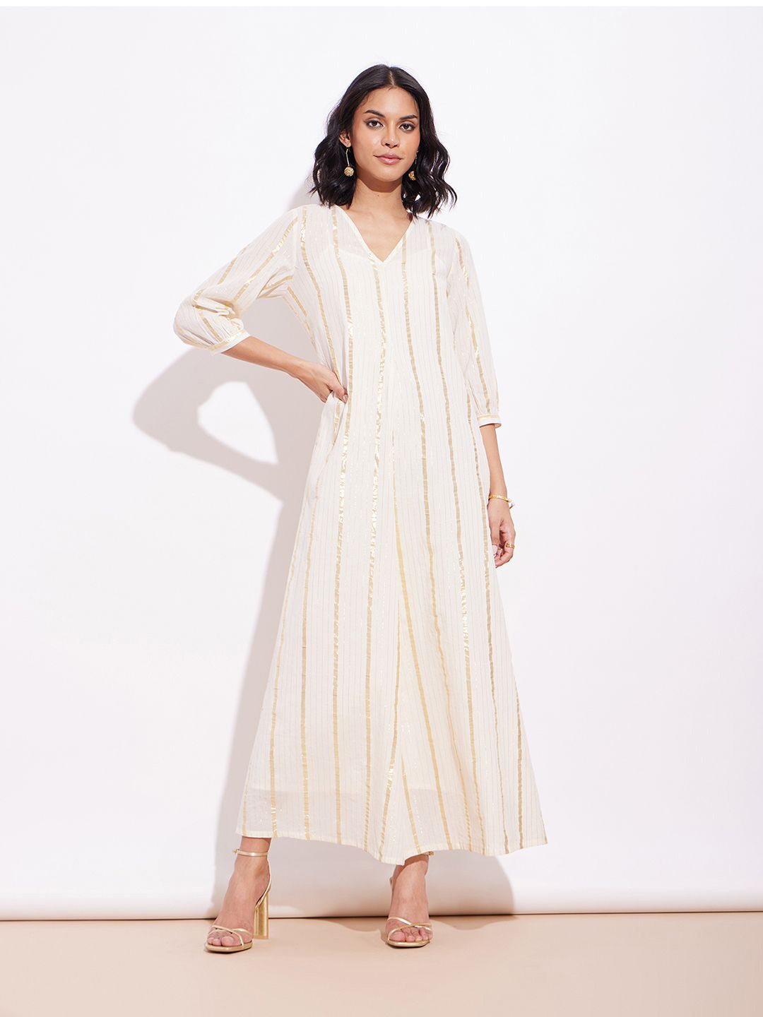 

Pink Fort Striped Cotton Ethnic Dress, White