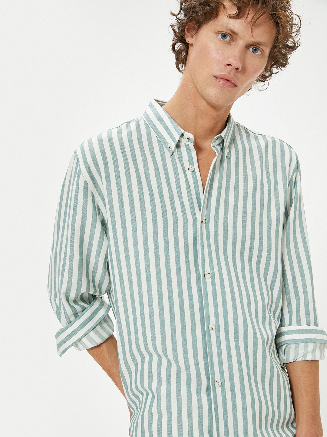 

Koton Men Slim Fit Opaque Striped Casual Shirt, Blue