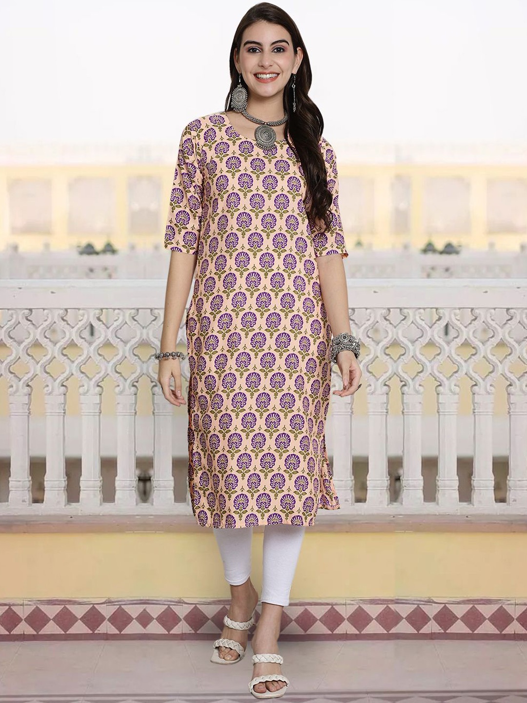 

KALINI Floral Printed Round Neck Straight Kurta, Cream