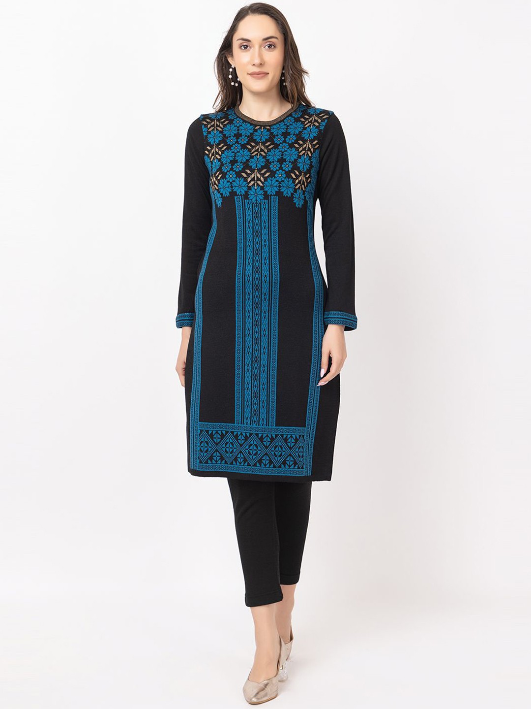 

Anouk Women Geometric Embroidered Chikankari Jacquard Winter Wear Kurta, Black