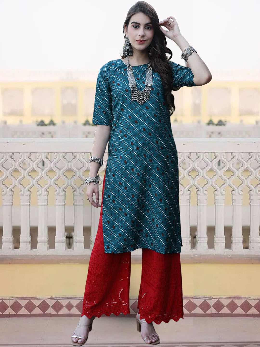 

KALINI Ethnic Motifs Printed Round Neck Straight Kurta, Blue