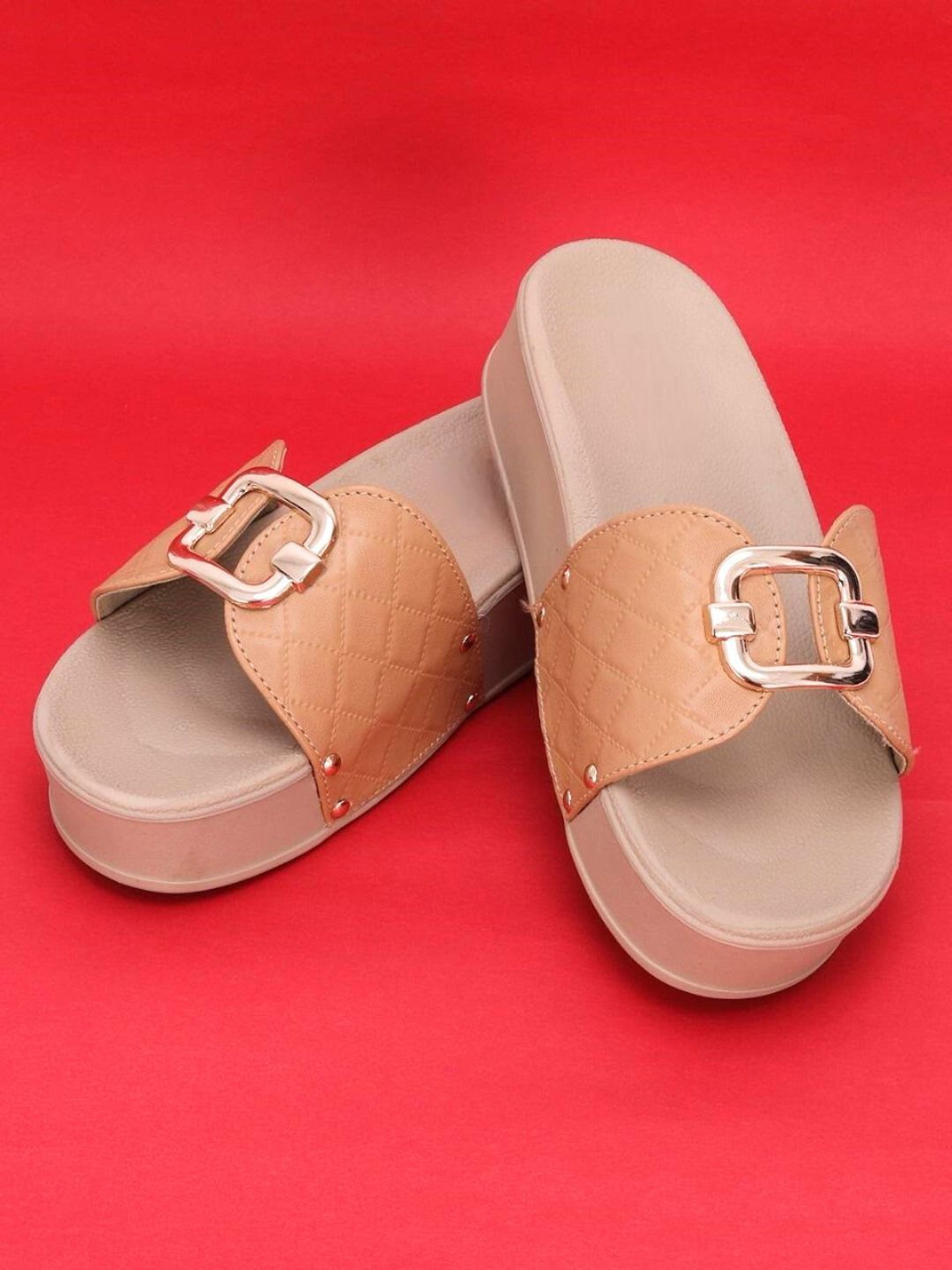 

Zyla Wedge Mules with Buckles, Beige