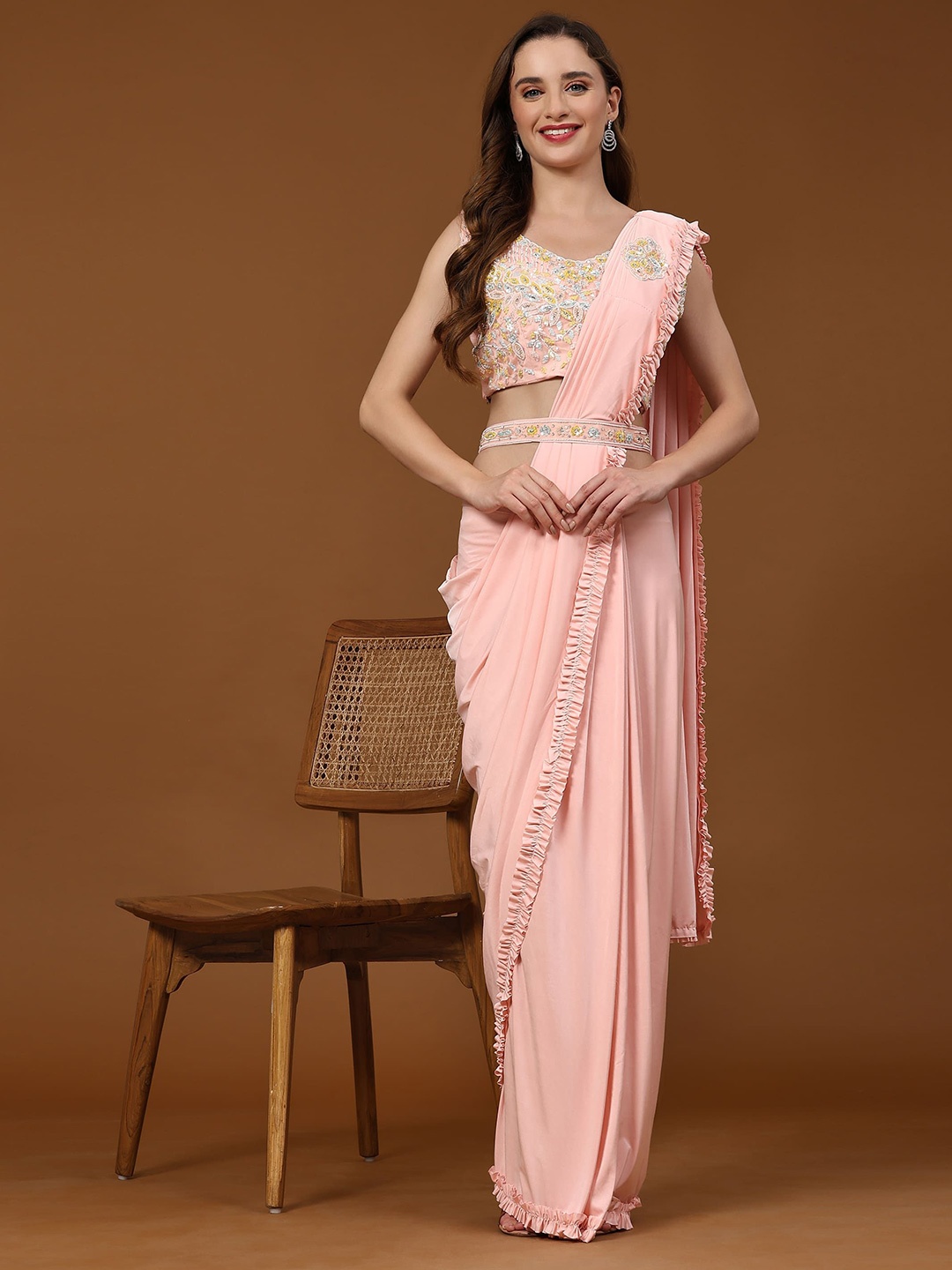 

AMOHA TRENDZ Embroidered Ready to Wear Saree, Peach