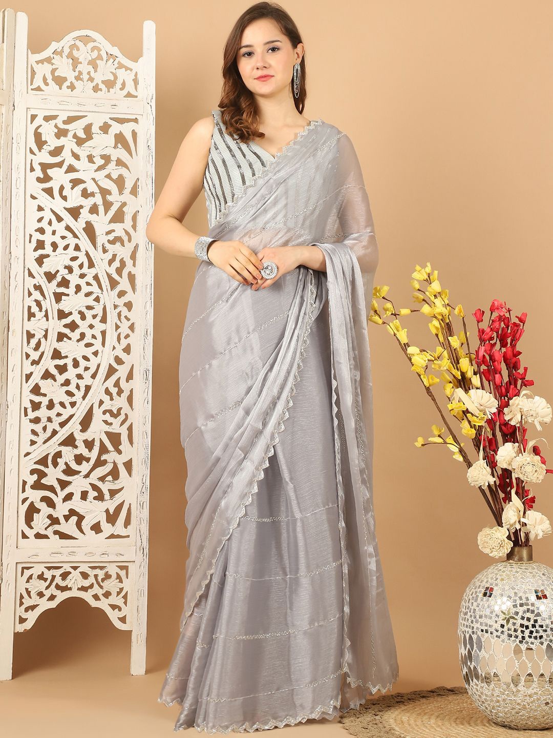 

Grancy Embellished Beads and Stones Organza Saree, Grey