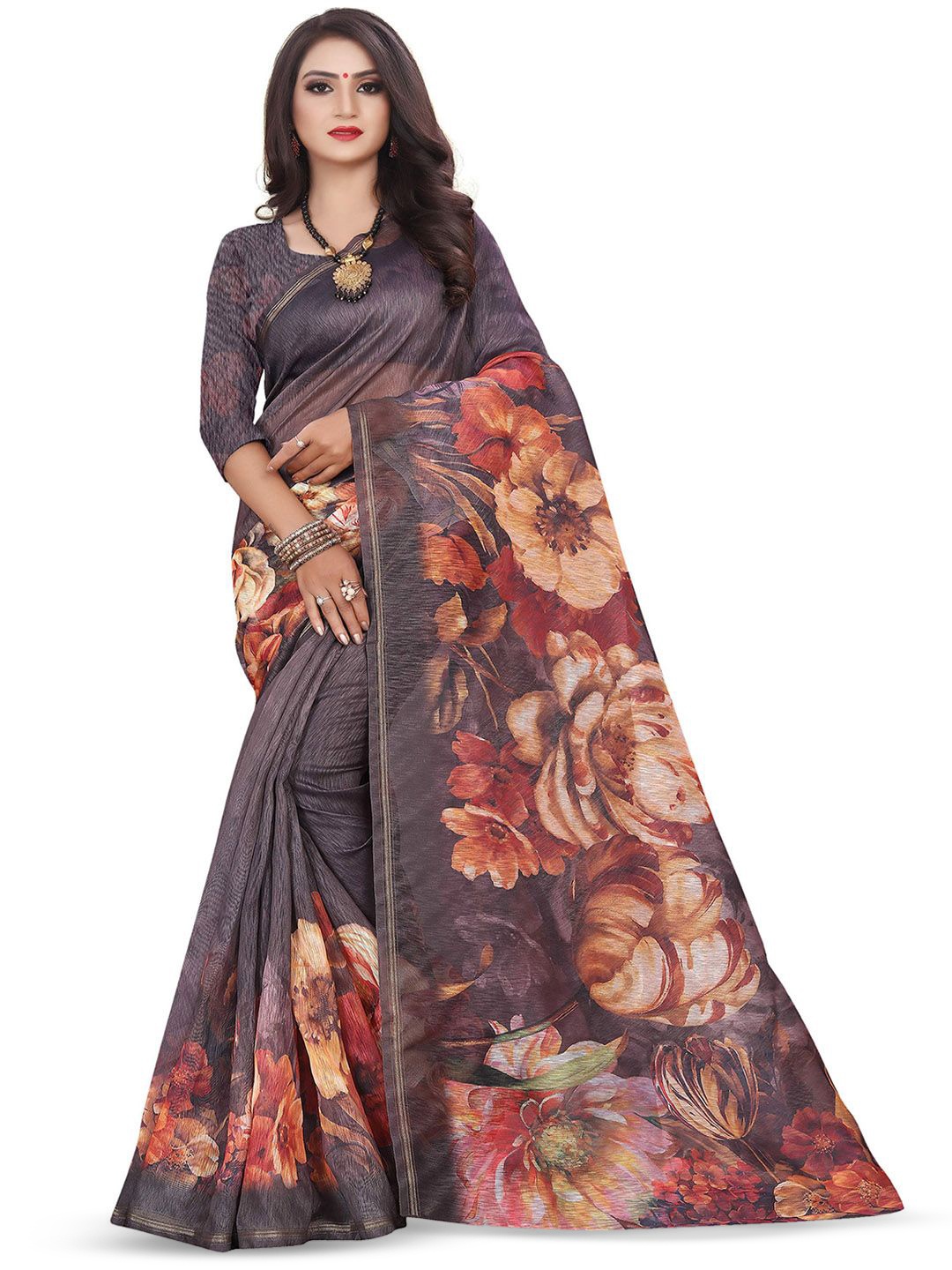 

BAESD Floral Zari Saree, Coffee brown