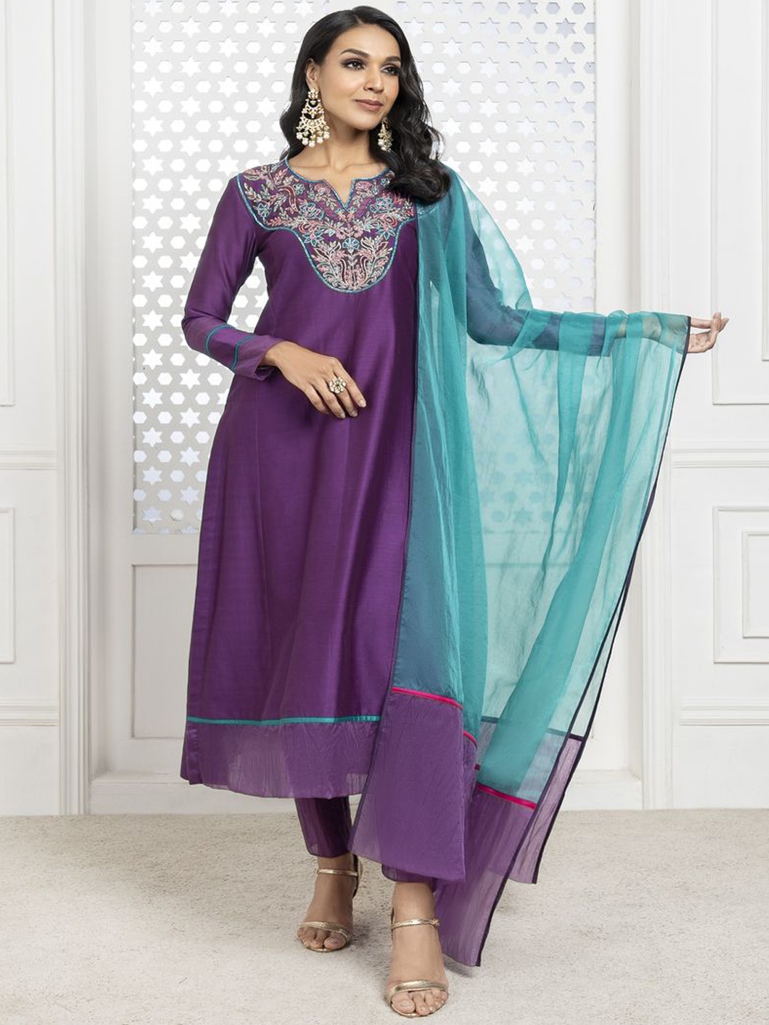 

The Aarya Floral Zardozi Chanderi Straight Cotton Kurta with Trousers & With Dupatta, Purple