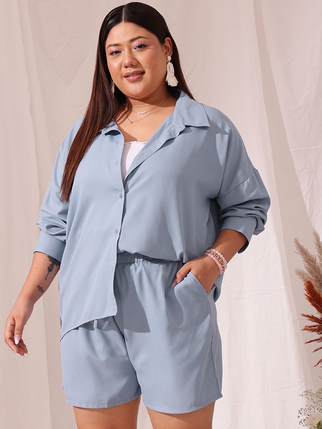 

CURVY STREET Plus Size Long Sleeves Shirt & Shorts, Blue
