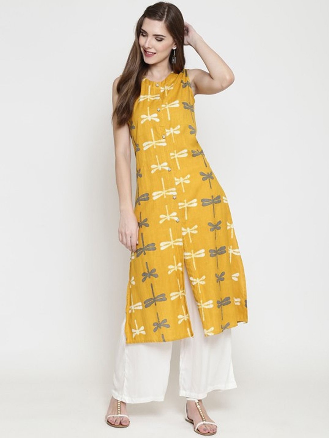 

Sera Floral Printed Round Neck Cotton Straight Kurta, Yellow