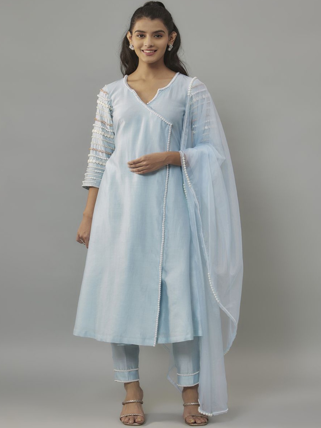 

The Aarya V-Neck Angrakha Beads and Stones A-Line Kurta With Trouser & Dupatta, Blue