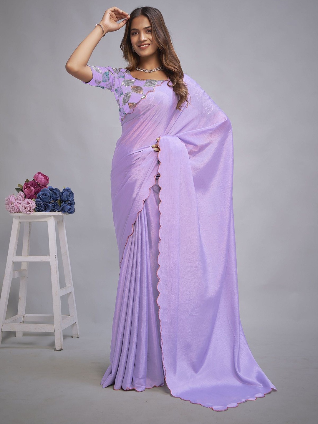 

APNISHA Embroidered Pure Chiffon Saree, Lavender