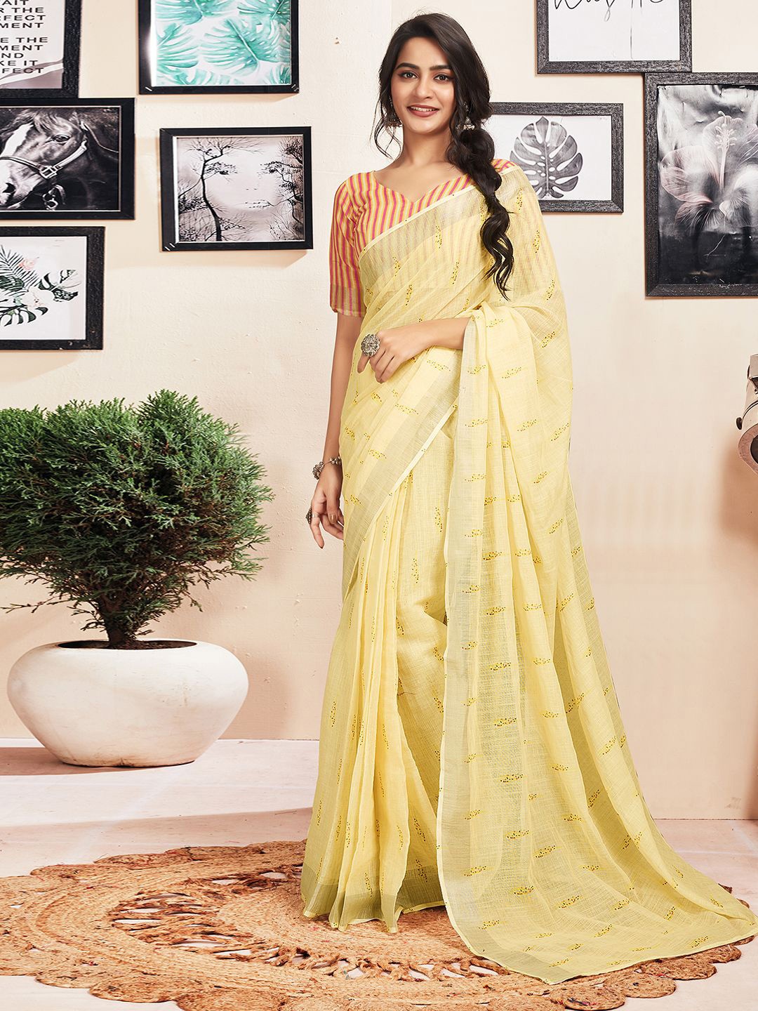 

Satrani Ethnic Motifs Pure Cotton Ready to Wear Saree, Yellow