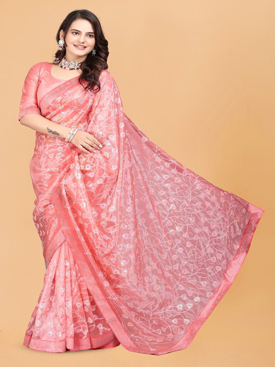 

ANJAVI FASHION Floral Embroidered Net Heavy Work Maheshwari Saree, Pink