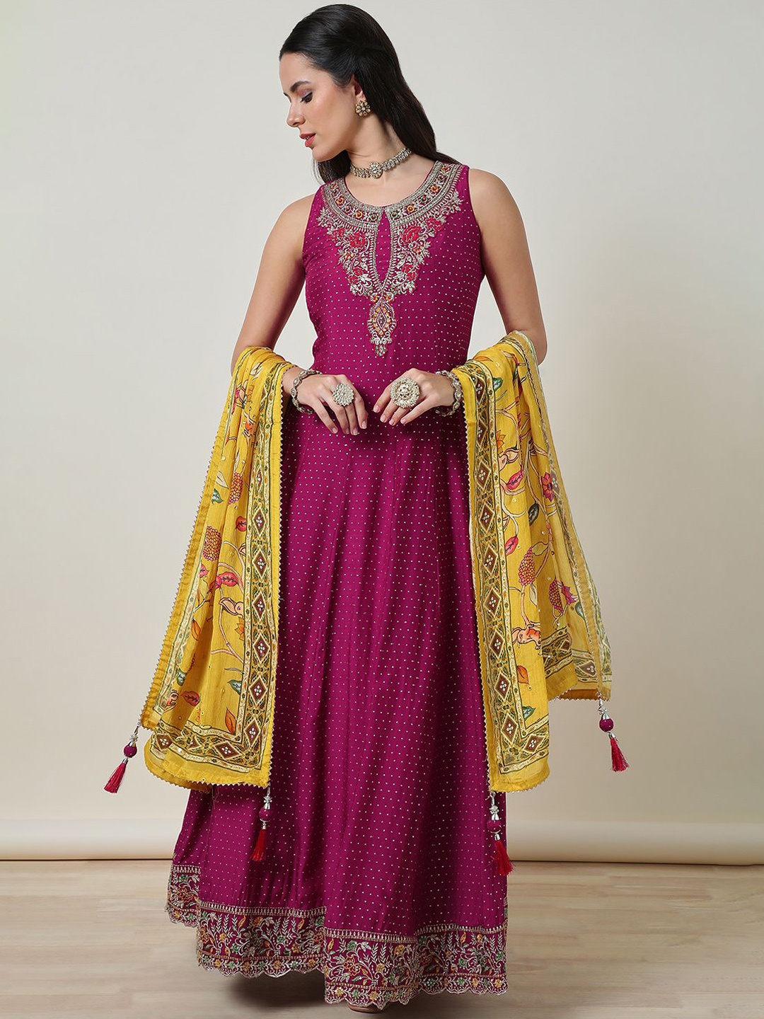 

Soch Women Angrakha Gotta Patti Kurta with Churidar & With Dupatta, Magenta