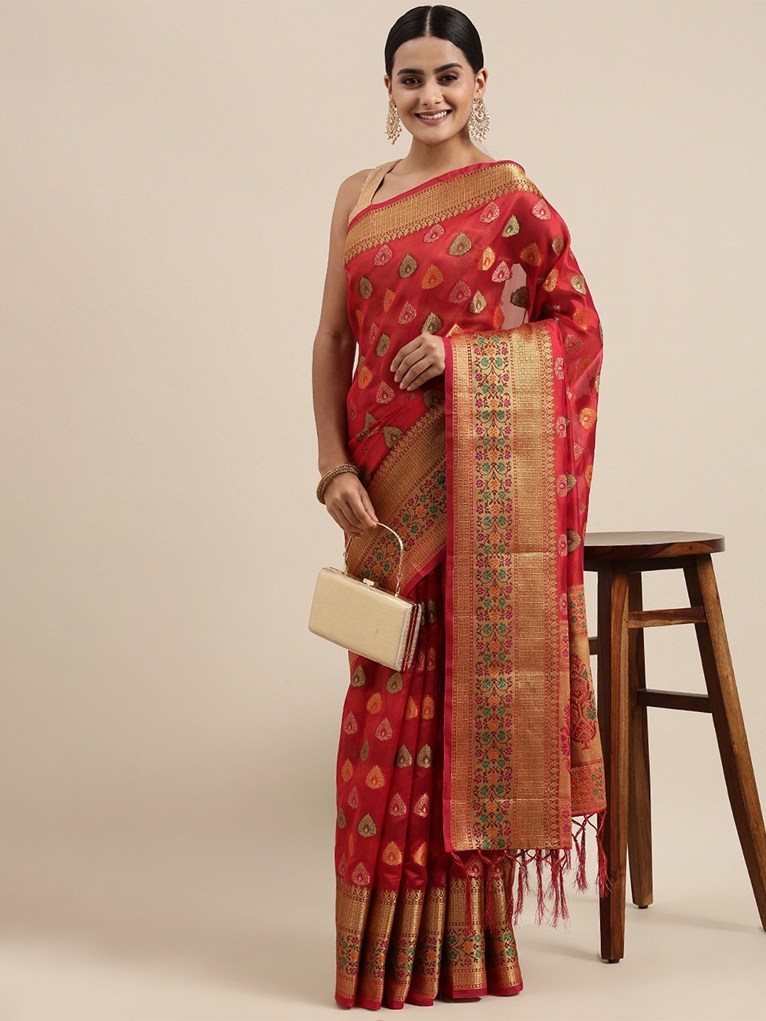 

AWRIYA Ethnic Motifs Zari Silk Cotton Chanderi Saree, Red