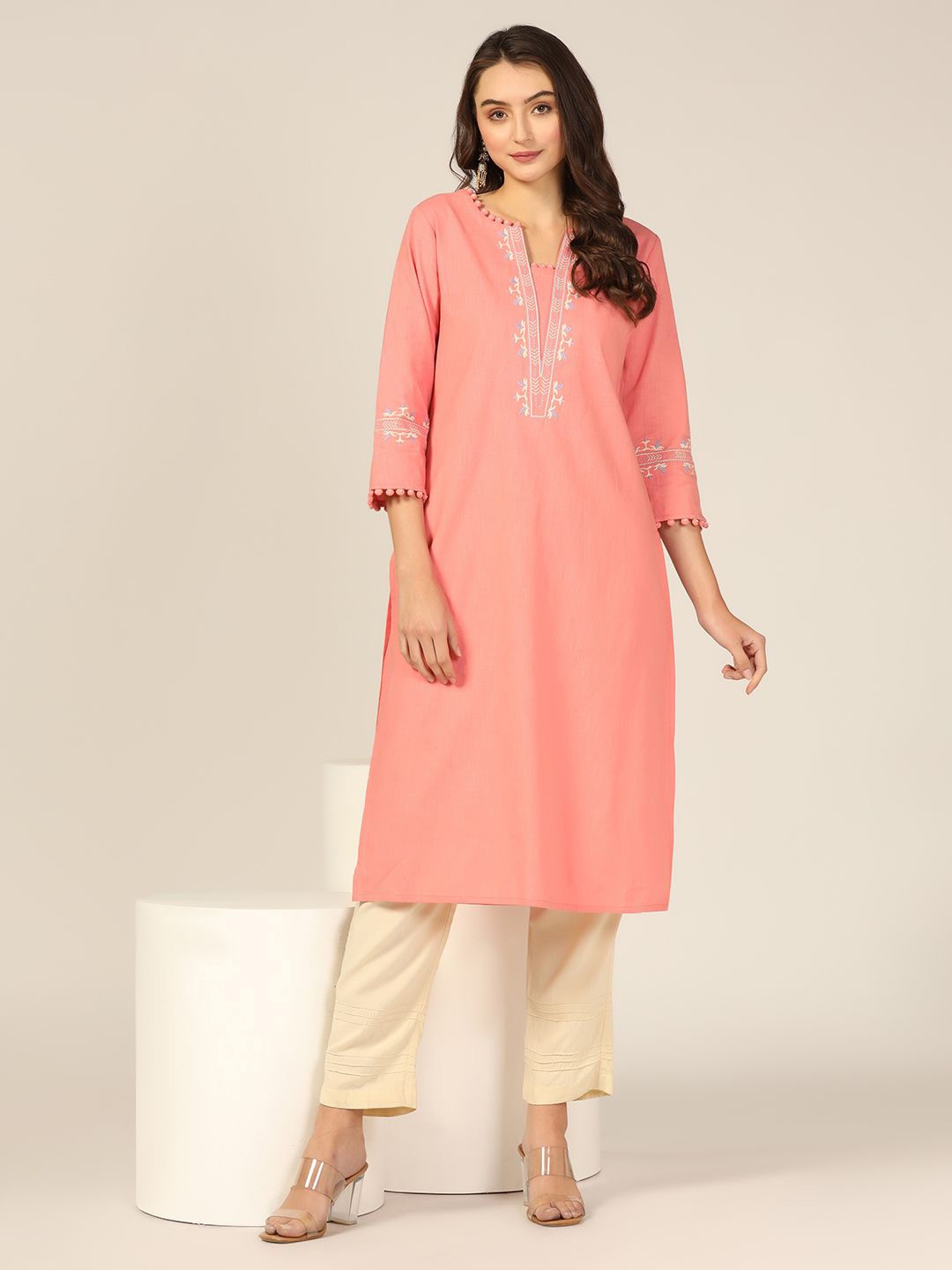 

Mustard Embroidered Straight Kurta, Peach