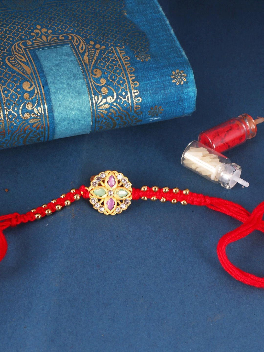 

Vighnaharta Set of 4 Religious Stones Studded & Pearls Thread Rakhis, Red